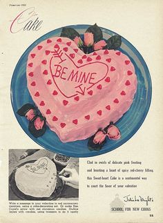 an old valentine's day cake ad with pink frosting and hearts on it