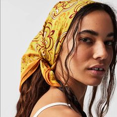 Endless Styling Options Await With This Stunning Printed Bandana. 50% Rayon, 50% Cotton 29 X 29 Saffron Yellow Combo Free People Hair, Yellow Bandana, Printed Bandana, Bandana Colors, Abstract Mosaic, Floral Scrunchie, Bandana Style, Cute Scarfs, Free People Accessories