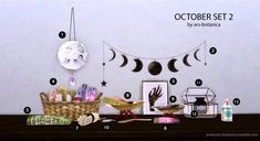 an image of a table with items on it and the moon hanging above them for decoration