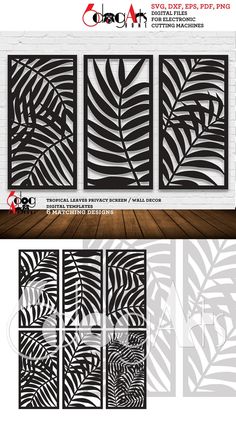 three panels with black and white leaves on them, one is cut out to look like the