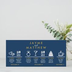 a table name sign with the names of different places in blue and gold on it