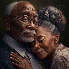 an older man and woman embracing each other with their arms around each other in front of a black background