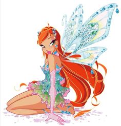 a fairy with long red hair sitting on the ground