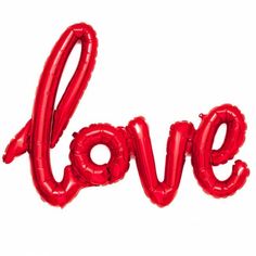 the word love is made out of red balloon type helium balloons on a white background