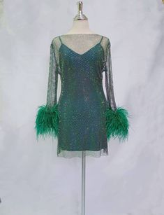 MARAYA Green Rhinestone Mesh Long Sleeve Mini Dress With Slip Dress - Etsy Glamorous Green Rhinestone Dress, Green Mesh Dress For Party, Party Season Mesh Dress With Rhinestones, Mini Feather Dress, Rhinestone Mesh Dress, Rhinestone Fabric, Mini Dres, Purple Crop Top, Sparkle Dress