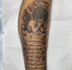 an angel tattoo on the arm with a poem