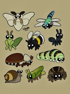 an assortment of cartoon insects on a beige background