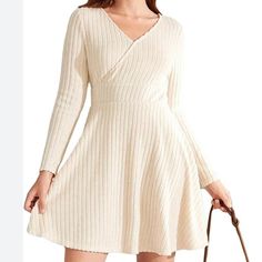 A Line Ribbed Knit Short Dress Missing Belt Stretchy Spring Ribbed A-line Sweater Dress, Cream Fitted V-neck Sweater Dress, Cream V-neck Dress For Fall, Spring A-line Ribbed Sweater Dress, Beige Knitted V-neck Sweater Dress, Fitted V-neck Cream Sweater Dress, Fitted V-neck Sweater Dress In Cream, Cream Knitted Dress For Fall, Cream Knit Dresses For Fall