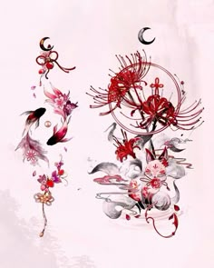 an artistic painting of flowers and birds on a white background with the moon in the sky