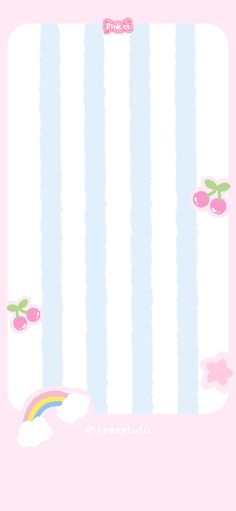 a pink and blue striped wallpaper with cherries on the bottom, one rainbow in the middle