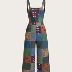 Patchwork Print Overall Jumpsuit 100% Polyester 70s Jumpsuits For Women, Patchwork Outfit, 60s Outfit, Patchwork Overalls, 70s Jumpsuit, Jumpsuit Pattern Sewing, Patchwork Pants, Patchwork Clothes, Fabric Patchwork