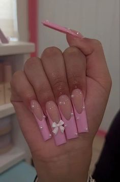 Acrylics With Bows, Pink Nails With Bow Charm, Baby Pink Nails With Bow, Pink Baby Shower Nail Ideas, Valentines Nails Long, Pink Bottom Nails, Baby Pink Nails Design, Girly Nails Acrylic, Pink Pretty Nails