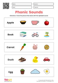 the phonic sounds worksheet is shown with pictures and words to describe them