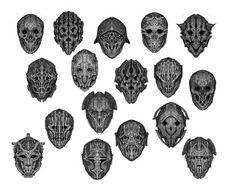 an image of alien masks drawn by hand in black ink on white paper, set of 12