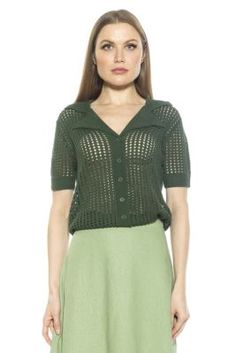 The Josi Crochet Button Down Top With Ribbed Trim Is A Must Have Piece For Your Wardrobe. This Top Features Luxe Crochet Style, Button Down Detail, And Short Sleeves. This Item Runs Large. | Alexia Admor Women's Josi Crochet Button Down Top, Green, Medium Josie Top, Crochet Button, Delicate Crochet, Crochet Ear Warmer, Crochet Style, Crochet Buttons, Exclusive Clothing, Modern Crochet, Crochet Top Pattern