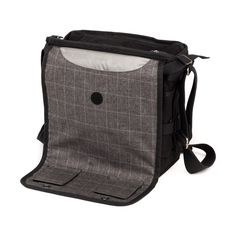 a black and grey bag with a white patch on the side