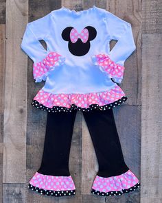 Pink white Minnie Mouse polka dot outfit Minnie Mouse Birthday Outfit Two, Minnie Mouse Bowtique Birthday, Minnie Mouse Theme Birthday, Minnie Mouse 1st Birthday Outfit, Minnie Mouse Applique, Minnie Mouse Tutu Outfit, My Life Doll Accessories, Mouse Applique, Minnie Mouse Outfit