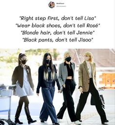 three women walking down the street wearing face masks and black pants, don't tell jsoo