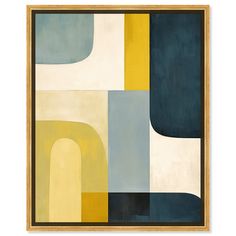 an abstract painting with blue, yellow and white colors in a wooden frame on the wall