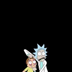 the rick and mort cartoon is standing next to each other in front of a black background