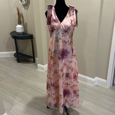 Beautiful Pink Floral Midi Dress Tie Detail On Shoulders Feminine Maxi Dress For Beach, Floral Print Maxi Dress For Casual Wear, Pink Floral Midi Dress, Tara Dress, Blue Gingham Dress, Fuchsia Dress, Floral Chiffon Dress, Chiffon Midi Dress, Lace Blue Dress