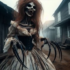 a woman dressed as a skeleton with long red hair and claws on her head is standing in front of a house