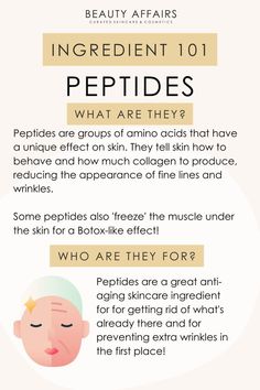 Peptides are the talk of the town when it comes to skincare, but what do they do, and who are they for? What are Peptides?Peptides are a short chain of amino acids, often Skin Care Products Not To Use Together, Peptides Skin Care, Skincare Facts, Skin Care Ingredients, Skin Facts, Skincare 101, Skin Advice, Healthy Skin Tips