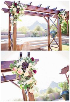 the wedding arch is decorated with flowers and greenery for an outdoor ceremony in arizona