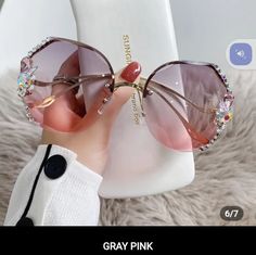 Gray Pink Brand New Luxury Rimless Sunglasses Diamond Sunglasses, Punk Woman, Sunglasses Women Fashion, Uv Sunglasses, Casual Outerwear, Rimless Sunglasses, Rhinestone Trim, Vintage Designer, Face Shape