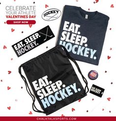 two t - shirts, one with the words eat sleep hockey on it and other with stickers