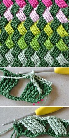 two pictures showing the same crochet pattern as they are being worked on