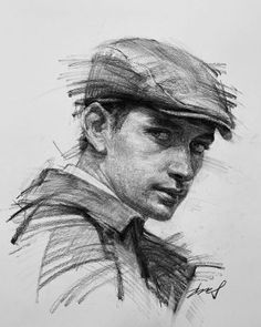 a pencil drawing of a man wearing a hat and jacket with his hand on his hip