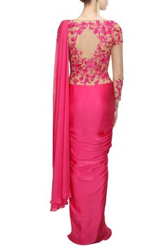 Pink floral embroidered pre- stitched sari gown available only at Pernia's Pop-Up Shop. Pink Colour Saree, Sari Gown, Saree Outfit, Reception Sarees, India Clothes, Lace Saree, Lehenga Blouse Designs, Pink Thread