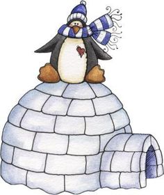 a penguin is sitting on top of an igloose with a blue and white hat