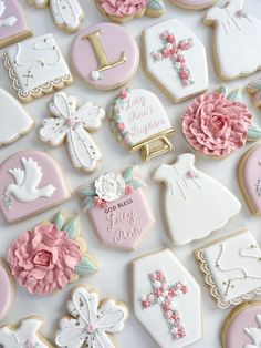 Baptism, baptism cookies, cookies, decorated cookies, pinks, florals First Communion Cookies Girl, Baptism Sugar Cookies Girl, Christening Cookies Girl, Baby Girl Baptism Cookies, Baptism Party Ideas Girl, Communion Cookies Girl, Communion Cookies Decorated, Christening Themes Girl, First Communion Cookies Decorated