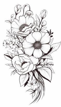 a bouquet of flowers is drawn in black and white