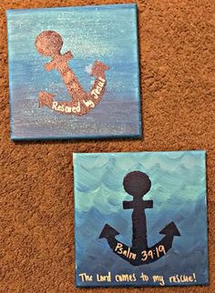 two pieces of art that are on the ground with words written on them and an anchor