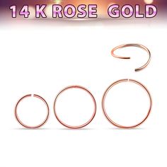 the 9k rose gold hoop earrings are shown in three different sizes and colors,