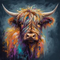 a painting of a colorful cow with horns