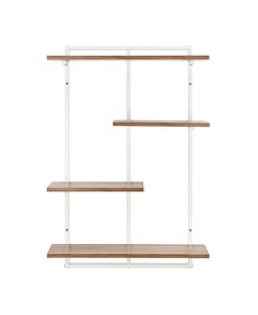 three wooden shelves with white metal brackets and wood shelf tops on each side, against a white background