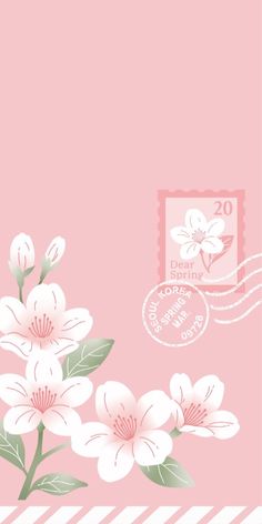 a pink background with white flowers and a postage stamp on the bottom right corner,