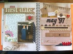 a scrapbook with an image of two people in formal dress and the words first date on it