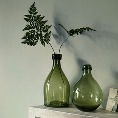 two green glass vases sitting on top of a table next to a book shelf