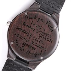 Searching for that special Pastor Appreciation gift? This is the perfect timeless gift he can truly appreciate. The Engraved Wooden Watch is great for special occasions or everyday wear. Encased in rich sandalwood and paired with a genuine leather strap, this piece is as impressive as the man who wears it. Present to the pastor for Pastor Appreciation or for his birthday. Engraved on the back are only some of the hats our pastors wear The engraved text reads: Thank you, Pastor Leader, Teacher, C Gift Brown Leather Strap Watches, Brown Leather Strap Watch As Gift, Engraved Brown Watches For Gift, Engraved Brown Watches For Gifts, Engraved Brown Watches As Gift, Brown Engraved Watch For Gift, Brown Engraved Watches As Gifts, Thank You Pastor, Pastor Appreciation Gifts