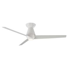 a white ceiling fan with two blades on the top and one light on the bottom