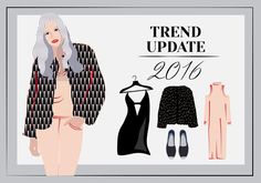 a woman standing next to a dress and jacket with the words trend update on it