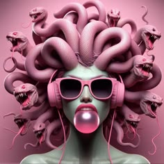 a woman with pink headphones and snakes on her hair, wearing sunglasses that look like she is listening to music