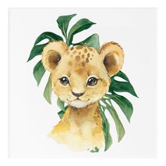 a watercolor painting of a baby cheetah with green leaves on its head