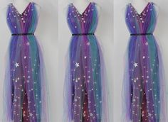 two pictures of dresses with stars on them, one is purple and the other is blue