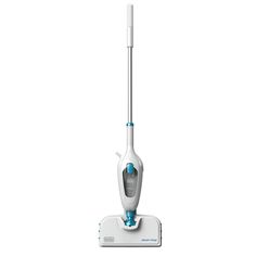 a white and blue steam mop on a white surface